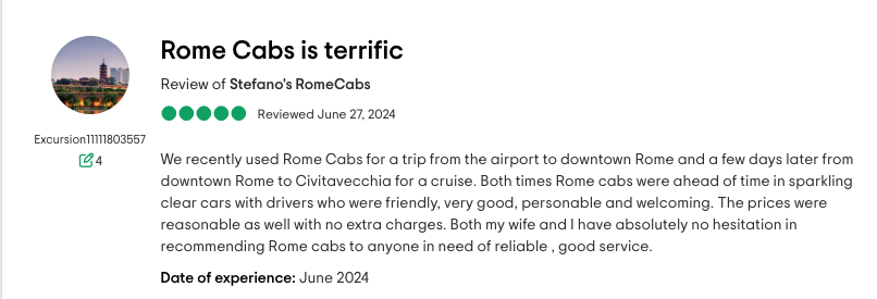 Excursion11111803557 wrote: Rome Cabs is terrific Reviews