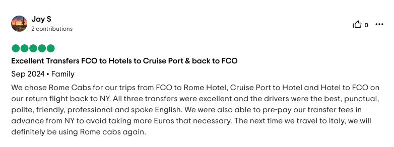 Jay S wrote Excellent Transfers RomeCabs Reviews