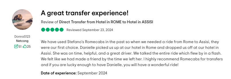 DonnaS123 RomeCabs Customer Reviews great transfer experience from Rome to Assisi