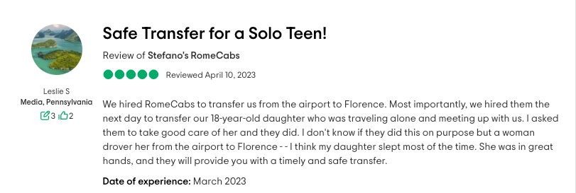 Leslie S RomeCabs Customer Reviews Transfers from Fiumicino Rome Airport to Florence
